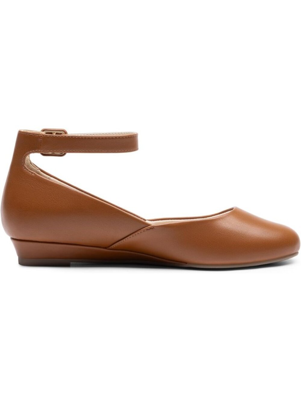 Women's Brown PU Ankle Strap Ballet Flat Low Wedge Round Toe Comfortable Shoes - Picture 3 of 6